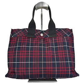 Sac cabas vintage Burberry Check Canvas Navy Red Cream Bleu Marine
