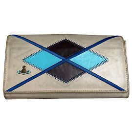 Vintage Vivienne Westwood Embroidered Leather Wallet Silver Blue Silvery