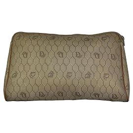 Vintage Dior Coated Canvas Clutch Beige Brown Gold Beige