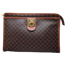 Céline Vintage Celine Macadam Canvas Clutch Bag Dark Brown Tan Camel
