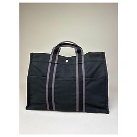 Hermès Vintage Hermes Canvas Tote Black Grey Silver Black