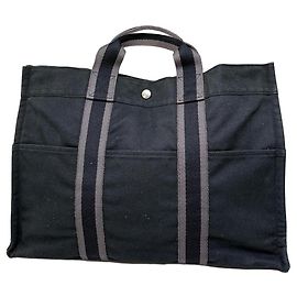 Hermès Borsa Tote vintage Hermes Canvas Nero Grigio Argento Nero