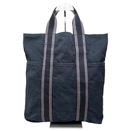 Hermès Bolso Cabas Vintage Hermes Azul Oscuro Gris a Rayas de Algodón Azul marino