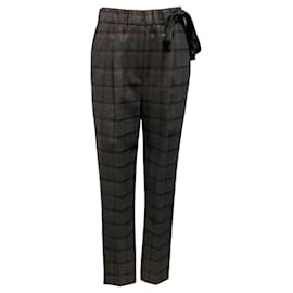 Brunello Cucinelli Medium Grey Lurex Windowpane Tie Pull On Pant Grey