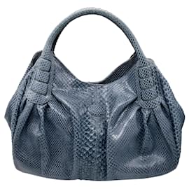 Tod's Slate Blue Python Skin Leather Handbag Blue