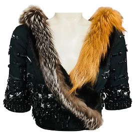 Prada Black Limited Edition Bead Embellished Cropped Wool and Silk Jacket with Mink Fur and Fox Fur Black