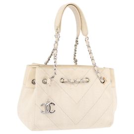 CHANEL Chain V Stitch Shoulder Bag Canvas Beige Silver CC Altro