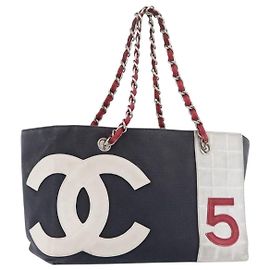 CHANEL Choco Bar Chain Tote Bag No5 Canvas Navy Silver CC Altro