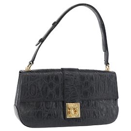 Salvatore Ferragamo Gancini Croco Embossed Bag Leather Black Gold Altro