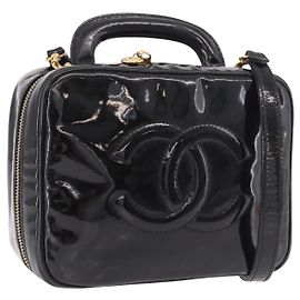 CHANEL Vanity Cosmetic Pouch Patent 2way Black Gold CC Altro