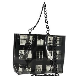 CHANEL Windows Line Chain Shoulder Tote Bag Vinyl Black Silver CC Altro