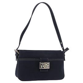 FENDI Mamma Baguette Shoulder Bag Canvas Navy Silver Altro