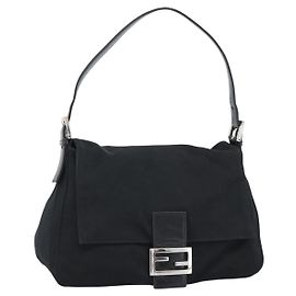 FENDI Mamma Baguette Shoulder Bag Cotton jersey Black Silver Altro