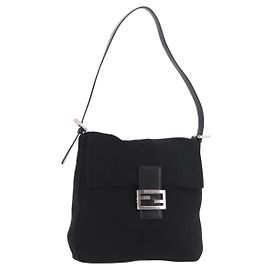 FENDI Mamma Baguette GM Bolso de hombro Jersey de algodón Negro Plata Otro