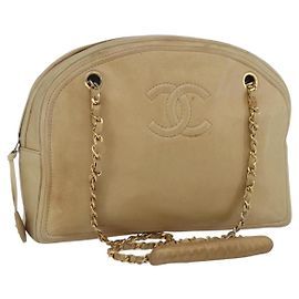 CHANEL Chain Shoulder Bag Lamb Skin Beige Gold CC Altro