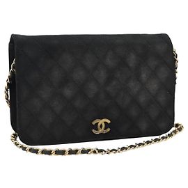 CHANEL Bolsa de Ombro Matelassé com corrente em algodão preto e dourado CC Outro