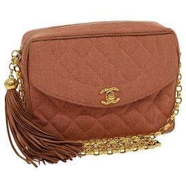 CHANEL Sac à épaule Diana Turn Lock en lin à franges Rose CC Autre