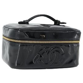 CHANEL COCO Mark Vanity Hand Bag Cuir Verni Noir Or CC Autre
