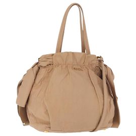 PRADA Tote Bag Canvas Couro 2way Bege Dourado Outro