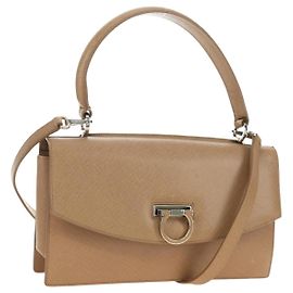 Salvatore Ferragamo Gancini Hand Bag Leather 2way Beige Silver Altro