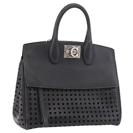 Salvatore Ferragamo Gancini Hand Bag Leather 2way Black Silver Altro