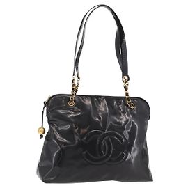 CHANEL Chain Tote Bag Lackleder Schwarz Gold CC Andere