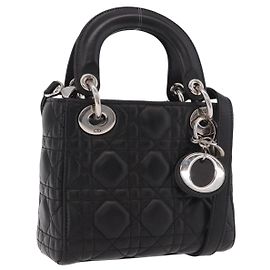 Christian Dior Cannage Mini Hand Bag Lamb Skin 2way Black Silver Autre