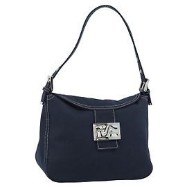 FENDI Mamma Baguette Shoulder Bag Canvas Navy Silver Altro
