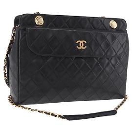 CHANEL Matelasse Chain Tote Bag Lammleder Schwarz Gold CC Andere