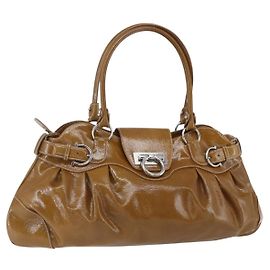 Salvatore Ferragamo Gancini Shoulder Bag Patent leather Brown Silver Altro