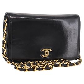 CHANEL Chain Shoulder Bag Patent Black Gold CC Altro