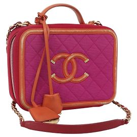 CHANEL Bolsa de Ombro Vanity com Corrente Filigrana CC Algodão Rosa Ouro CC Outro