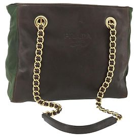 PRADA Bolsa Tote com Corrente Nylon Couro Verde Dourado Outro