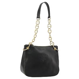 PRADA Chain Shoulder Bag Leather Black Gold Altro