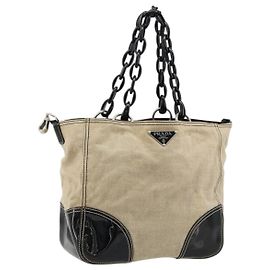 PRADA Plastic Chain Tote Bag Canvas Beige Silver Andere