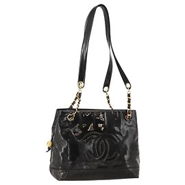 CHANEL Chain Tote Bag Patent Leather Black Gold CC Altro
