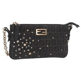 FENDI Zucchino Canvas Chain Shoulder Bag Black Gold Altro