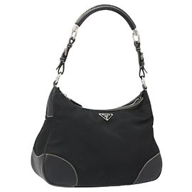 PRADA Bolsa de Ombro Nylon Couro Preto Prata Outro