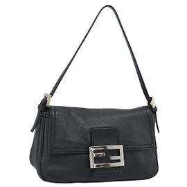 FENDI Mamma Baguette Shoulder Bag Leather Black Silver Altro