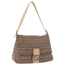 FENDI Zucchino Canvas Mamma Baguette Shoulder Bag Beige Silver Altro