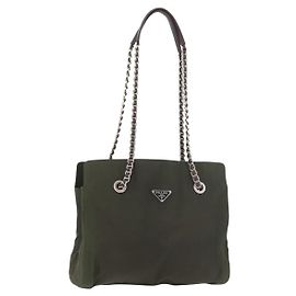 PRADA Chain Tote Bag Nylon Khaki Silver Andere