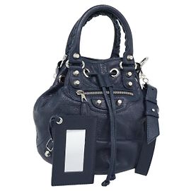 BALENCIAGA Giant Mini Pom Pom Hand Bag Leather 2way Navy Silver Outro