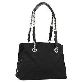 PRADA Chain Shoulder Bag Nylon Black Silver Other