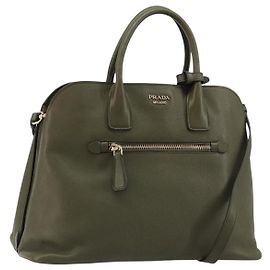 PRADA Bolsa Satchel em Couro Open Promenade Saffiano 2way Khaki Gold Outro