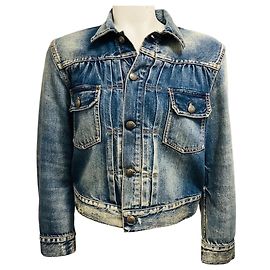 Ralph Lauren Collection Medium Blue Wash Distressed Denim Jacket Blue