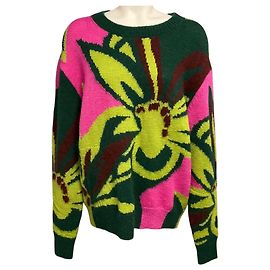 Pull-over en maille de laine et alpaga multicolore Vert / Vert Lime / Rose Dries Van Noten Multicolore