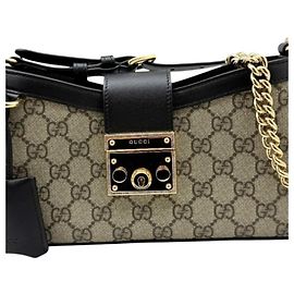 Bolsa de Ombro Pequena em Couro GUCCI GG Supreme Padlock Preto Bege