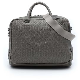 Mala de negócios Bottega Veneta em couro de bezerro grão cinza Intrecciato Marrom