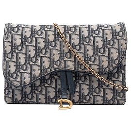 Dior Blue Oblique Canvas Saddle Pouch Wallet on Chain Blue Navy blue