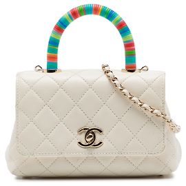 Chanel White Extra Mini Quilted Goatskin Rainbow Top Handle Flap Blanc